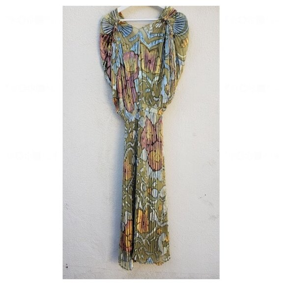 CO. Hand Painted Watercolor French Velvet Pleated Midi Dress - Picture 5 of 10